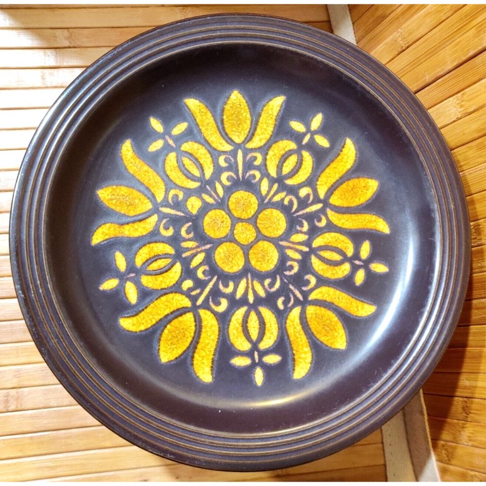 Costa Brava Ward Stoneware 10" Dinner Plate Gold & Brown Floral Sun Pattern MCM